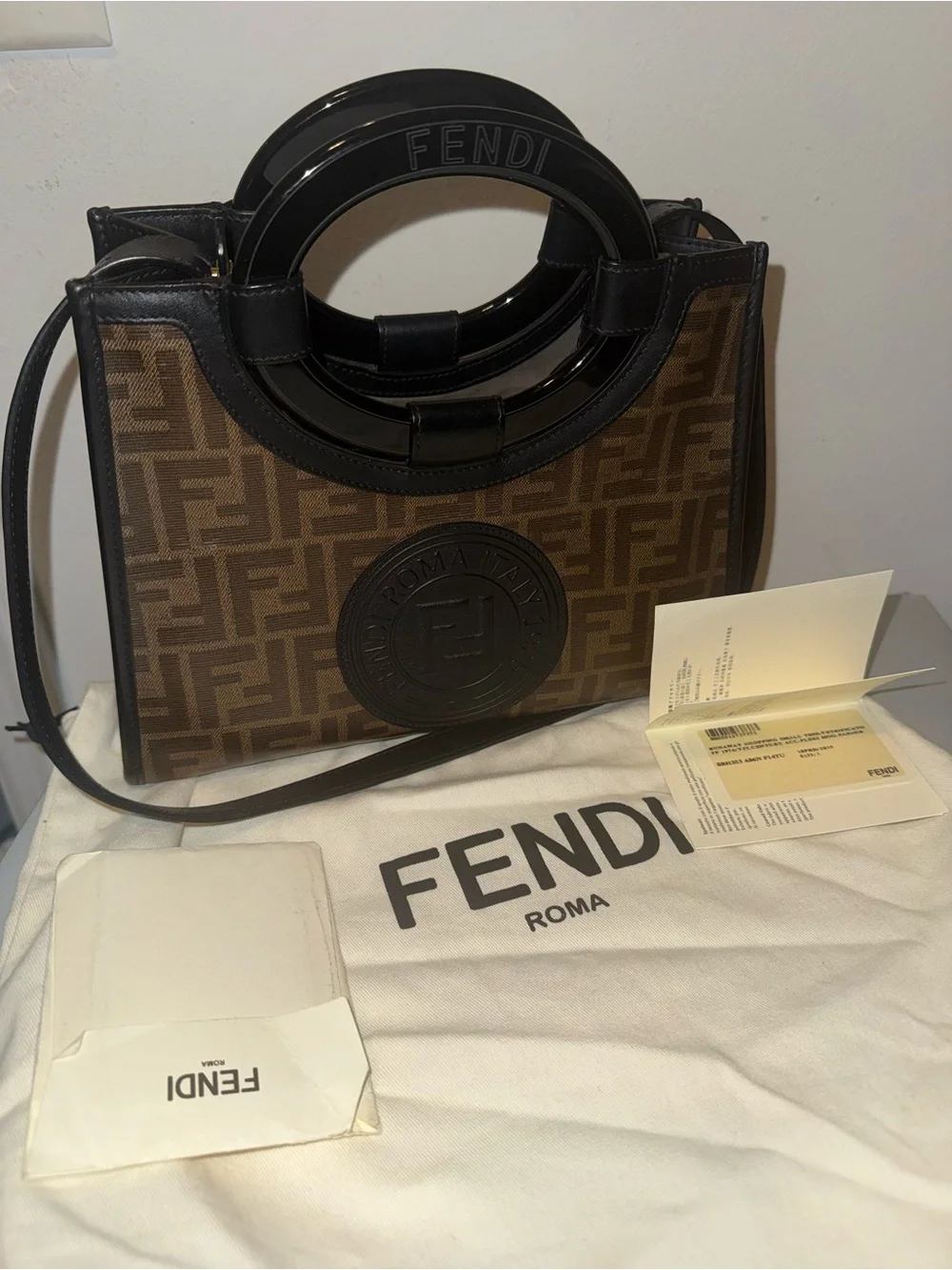 Fendi Brown FF Logo Satchel with Black Leather Handles